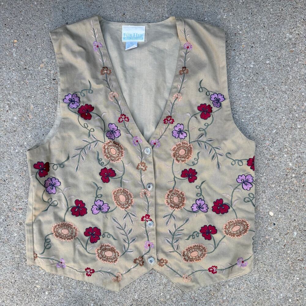 VTG Van Heusen Cottagecore Floral Embroidery Cotton Boho Dress Vest MEDIUM